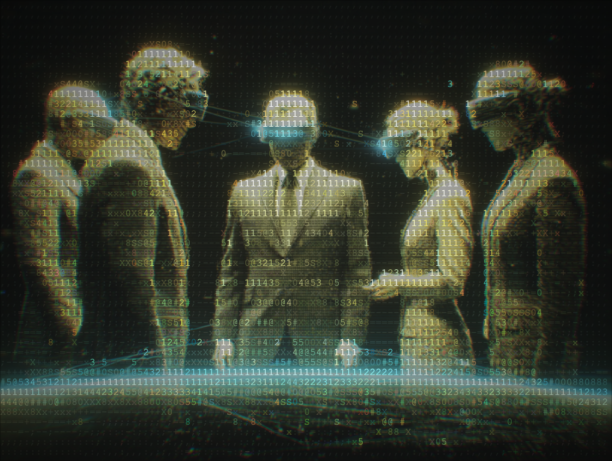 Leaders gathered around a glowing data surface, illustrating hierarchical agent delegation and collaboration.