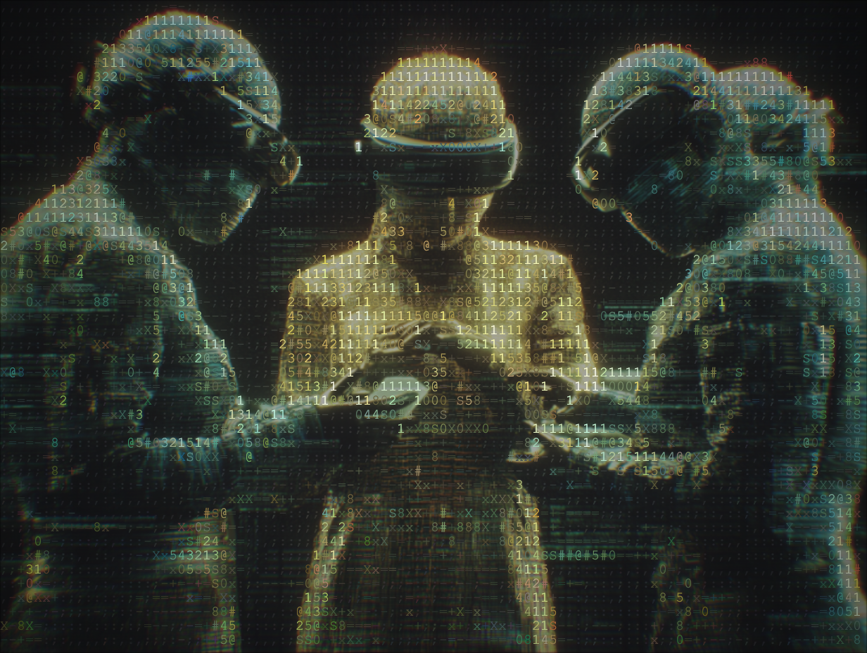 Abstract visualization of teams in VR headsets formed from code, representing enforced spend policies and guardrails.